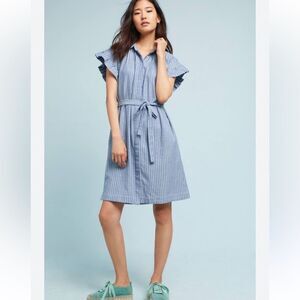 Anthropologie Isabella Sinclair Blue White Pinstripe Ruffle Sleeve Shirt Dress